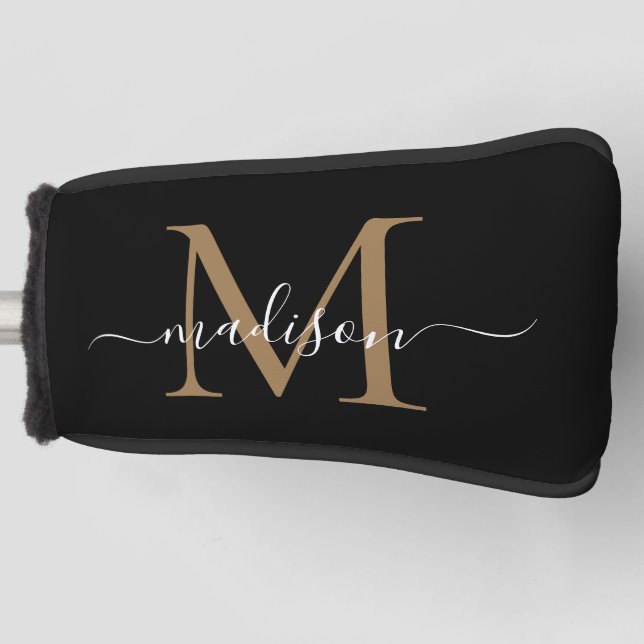 Funda Para Palo De Golf Elegante Monograma de Oro Negro Nombre de Guión Fe (Anverso)