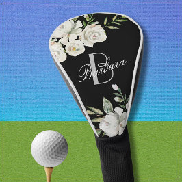 Funda Para Palo De Golf Elegante Monograma Floral Blanco y Negro