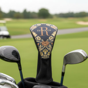 Funda Para Palo De Golf Elegante Monograma Floral Dorado Negro William Mor