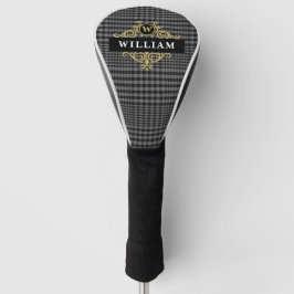 Funda Para Palo De Golf Elegante Monograma Negro Oro y Cuadro Gris