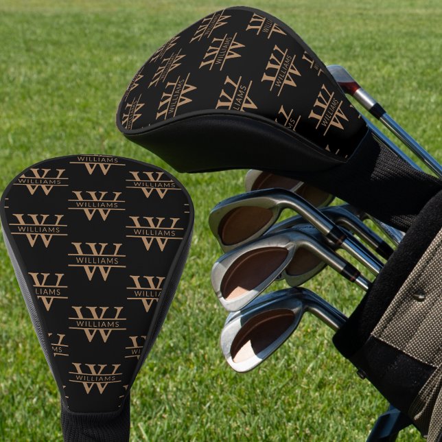 Funda Para Palo De Golf Elegante Monograma Nombre inicial Personalizado Ne (Elegant Monogram Initial Name Personalized Black Golf Head Cover)