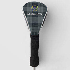 Funda Para Palo De Golf Elegante Monograma Tartán Negro y Dorado