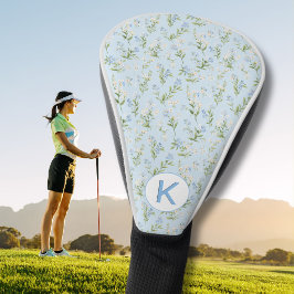 Funda Para Palo De Golf Elegante patrón floral azul y blanco con monograma