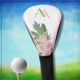 Funda Para Palo De Golf Elegante Personalizado de flores rosadas monograma