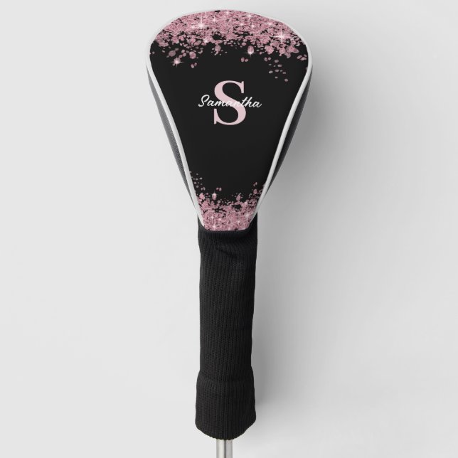 Funda Para Palo De Golf Elegante Purpurina Rosa Monograma Nombre (Anverso)