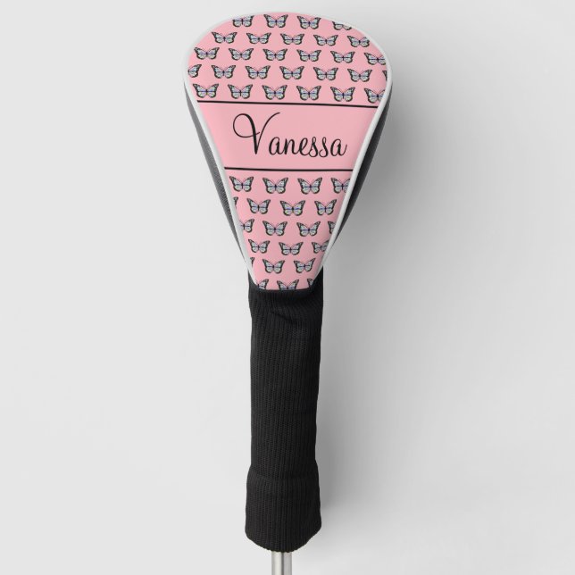 Funda Para Palo De Golf Elegante rosa con guión negro y patrón de mariposa (Anverso)