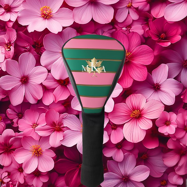 Funda Para Palo De Golf Elegante rosa y verde monogramado (Pink and Green Striped Monogrammed Golf Head Cover)