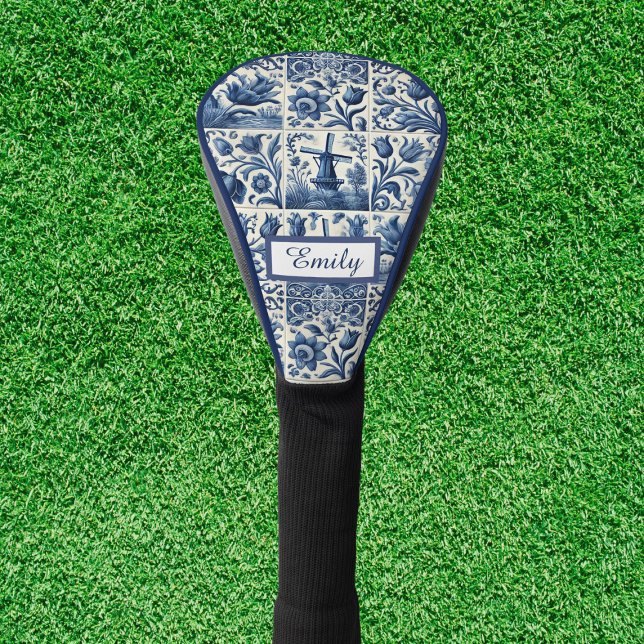 Funda Para Palo De Golf Elegantes mosaicos Delft Personalizados (Elegant golf head cover, blue and white tiled design with personalization )
