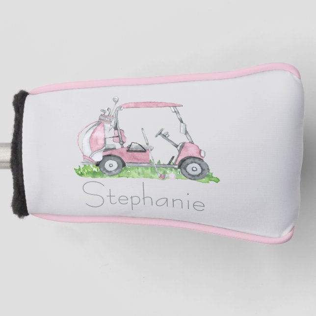 Funda Para Palo De Golf Encantador carrito de golf rosa personalizado (Anverso)