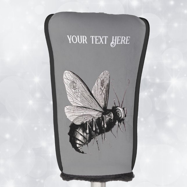 Funda Para Palo De Golf Espeluznante dibujo de abejas en el cráneo negro s (Creepy black and white Gothic bee skulls on wings on grey golf putter cover.)