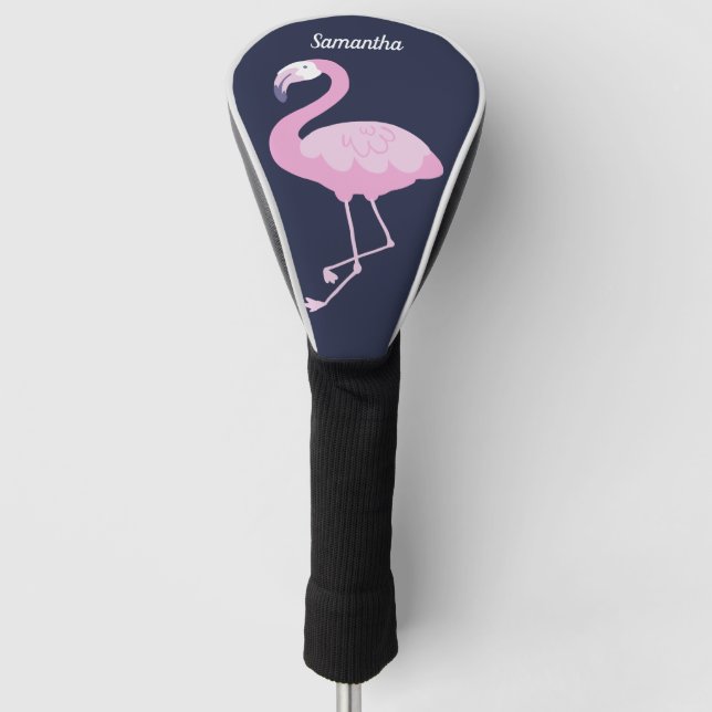 Funda Para Palo De Golf Flamingo rosa lindo sobre azul oscuro con nombre (Anverso)