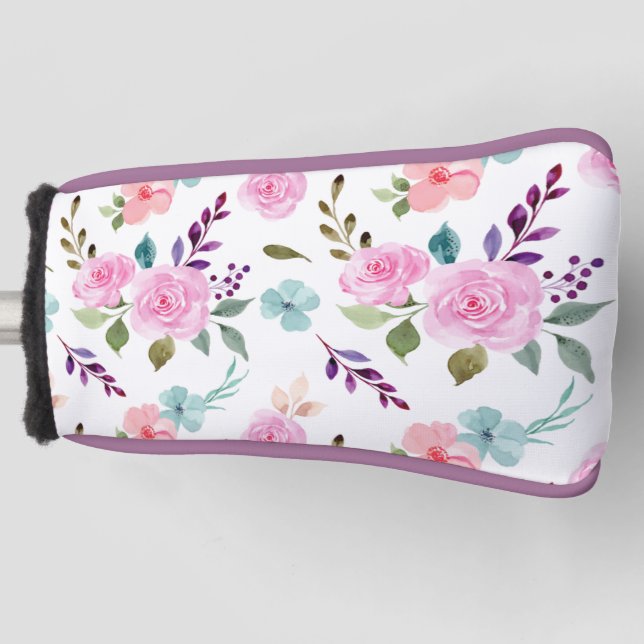 Funda Para Palo De Golf Flor rosa acuarela transparente (Anverso)