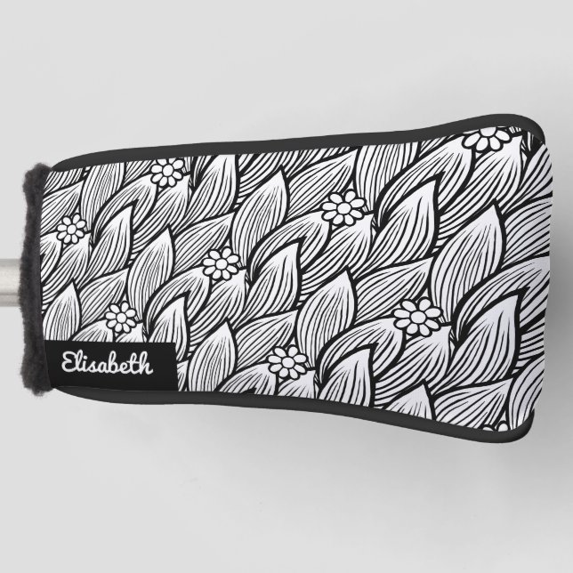 Funda Para Palo De Golf Floral moderna de margarita hippie blanca y negra (Anverso)