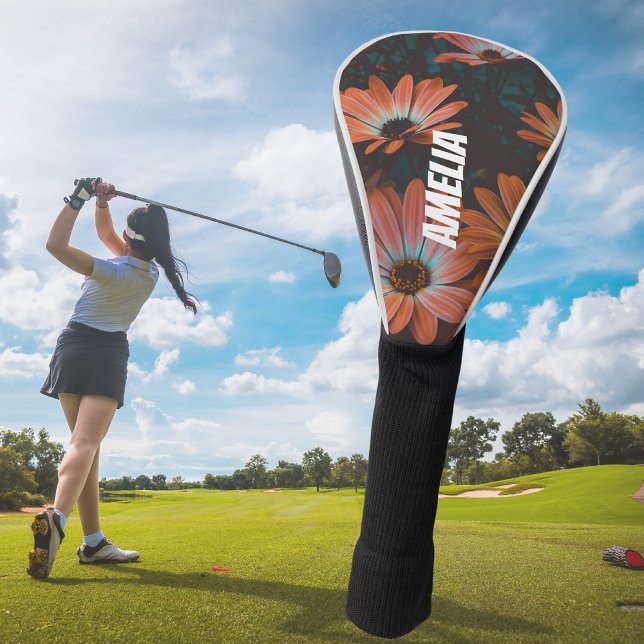 Funda Para Palo De Golf Floral Naranja negra personalizada monogramada (Subido por el creador)