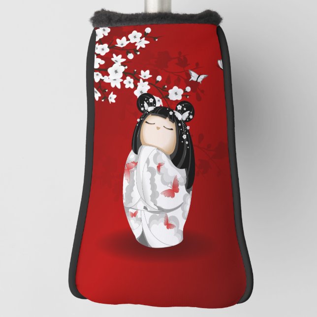 Funda Para Palo De Golf Flores de cerezo blanco rojo de muñeca Kokeshi (Girar 90)