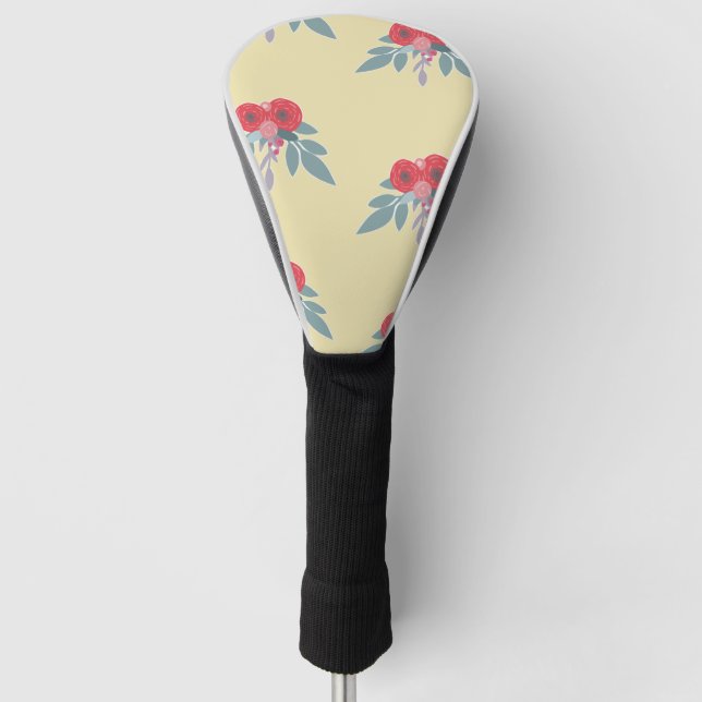 Funda Para Palo De Golf Flores rojas y hojas verdes en marrón (Anverso)