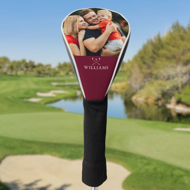 Funda Para Palo De Golf Foto Personalizada Y Nombre Rojo Borgoña (Personalized Photo And Name Burgundy Red Golf Head Cover)