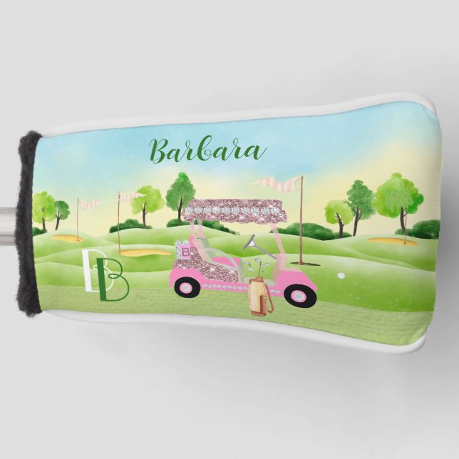 Funda Para Palo De Golf Fun Glitzy Carro de golf Monograma Nombre Putter (Anverso)
