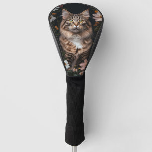 Funda Para Palo De Golf Gato de Maine Coon rodeado de flores