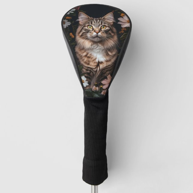 Funda Para Palo De Golf Gato de Maine Coon rodeado de flores (Anverso)