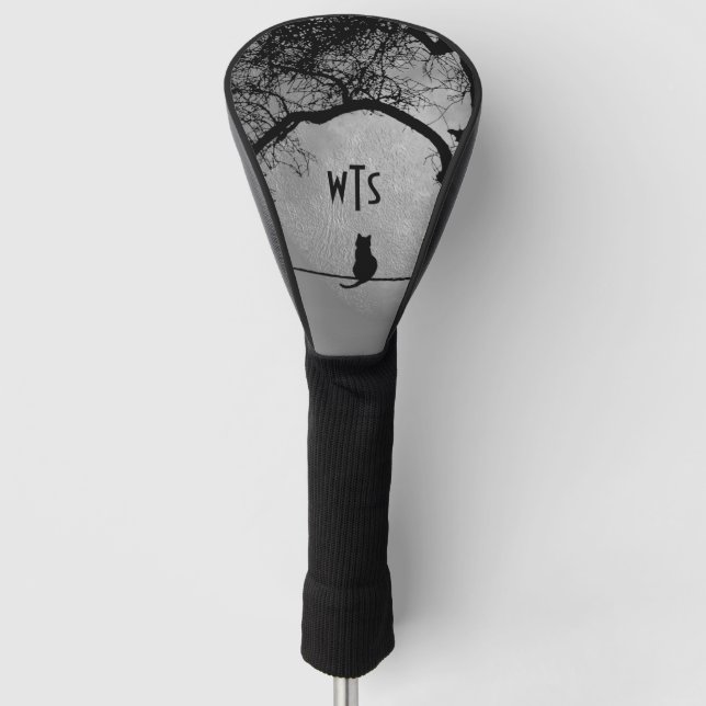 Funda Para Palo De Golf Gato monograma en una luna llena de cable (Anverso)