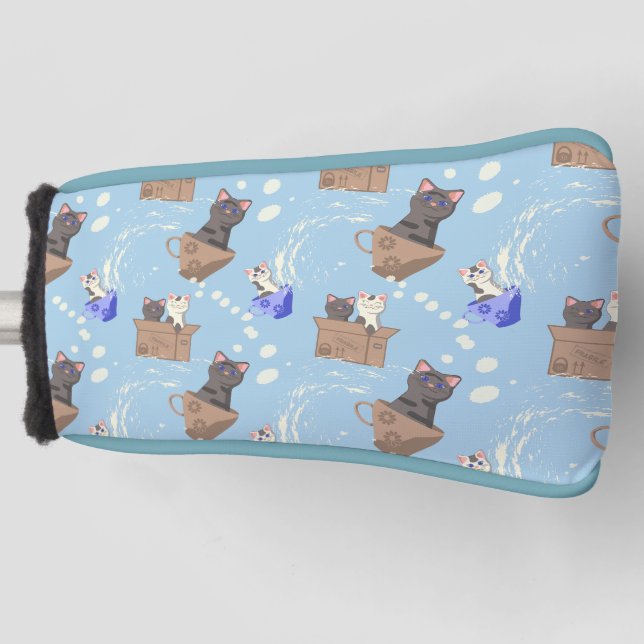 Funda Para Palo De Golf Gatos en caja y gotas de leche en azul (Anverso)