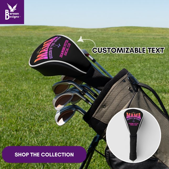 Funda Para Palo De Golf Golf femenino MAMA REEN DE LA Personalizado VERDE (Stylish MAMA QUEEN OF THE GREEN Women's Golf head cover with customizable text for golf moms.)