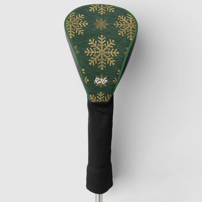 Funda Para Palo De Golf Green Leather Tooled with Gold Snowflakes Initials (Anverso)