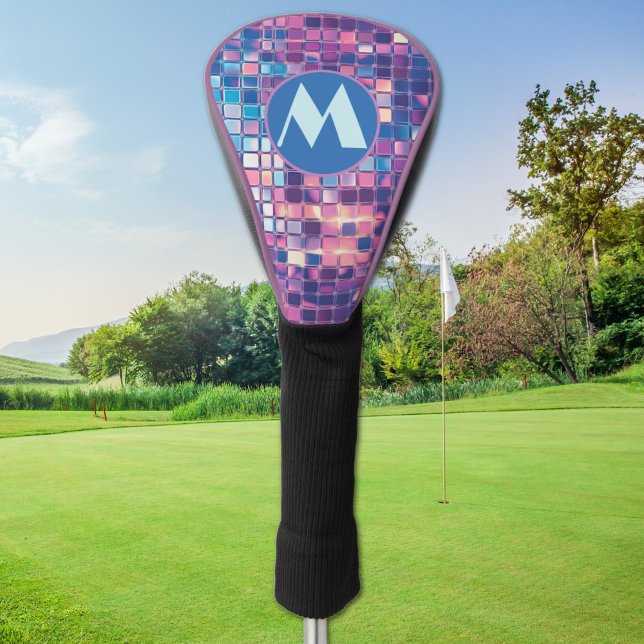 Funda Para Palo De Golf Groovy Blue & Purple Disco Ball Personalizado (groovy blue and purple disco ball personalized monogram golf club driver cover)