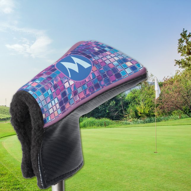 Funda Para Palo De Golf Groovy Blue & Purple Disco Ball Personalizado (groovy blue and purple disco ball personalized monogram putter golf club cover)