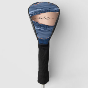 Funda Para Palo De Golf Guión de nombre dorado del rosa de mármol azul