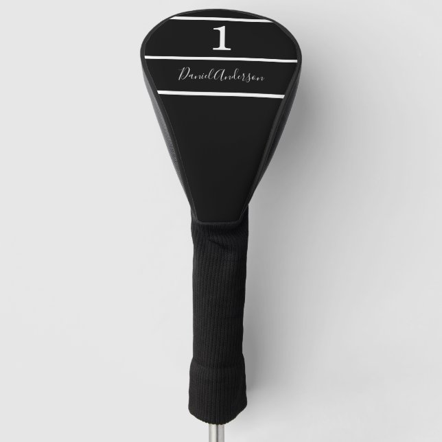 Funda Para Palo De Golf Guión de rayas numéricas de nombre blanco negro (Anverso)