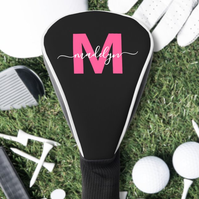 Funda Para Palo De Golf Guión moderno Nombre del Monograma Rosa Girly (Modern Script Girly Pink Monogram Name Golf Head Cover)