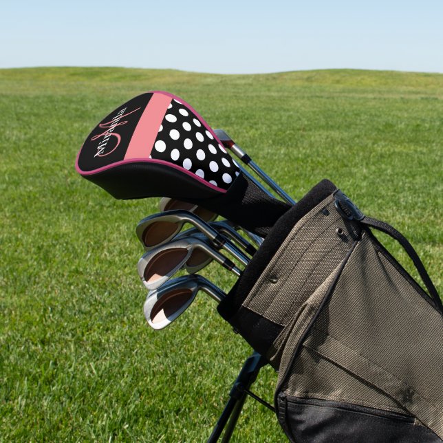 Funda Para Palo De Golf Guión negro rosado de Monograma Polka Dot (In Situ)