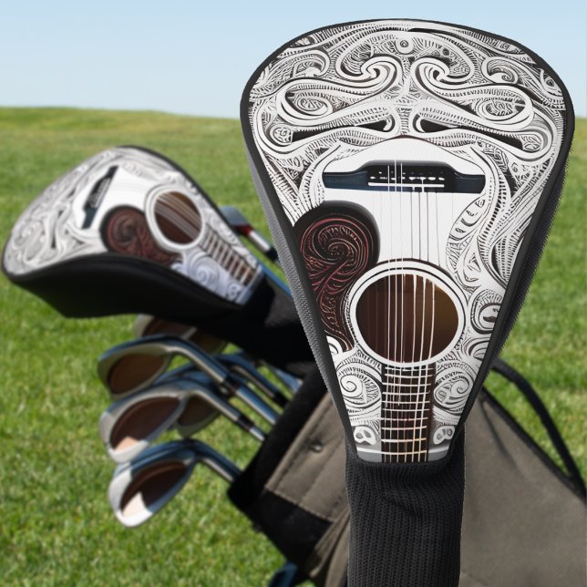 Funda Para Palo De Golf Guitarra Acústica Blanca (white acoustic guitar with filigree pattern golf head cover)