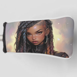Funda Para Palo De Golf Hermosas trenzas largas minan a Chica de anime neg