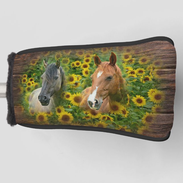 Funda Para Palo De Golf Hermosos caballos en el campo de los girasoles (Anverso)