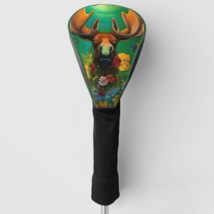Funda Para Palo De Golf Hippy Trippy Moose con flores Arte de IA