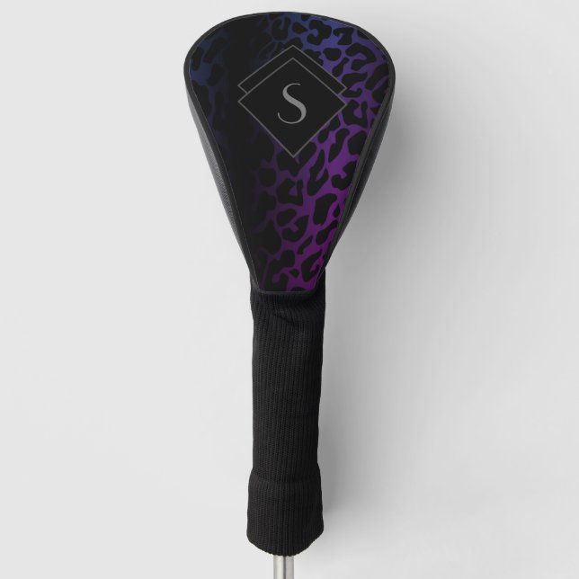Funda Para Palo De Golf Impresión de leopardo púrpura monogramada (Anverso)