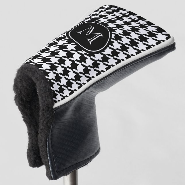 Funda Para Palo De Golf Inicial con monograma negra de Houndstooth (Anverso 3/4)