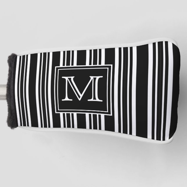 Funda Para Palo De Golf Inicial | Modernas franjas elegantes en blanco y n (Anverso)