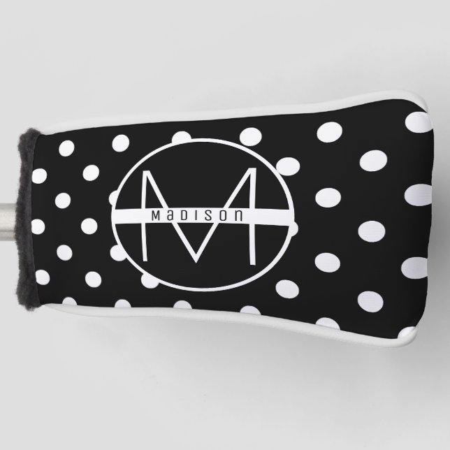 Funda Para Palo De Golf Inicial | Patrón de puntos de polka blanco y negro (Anverso)