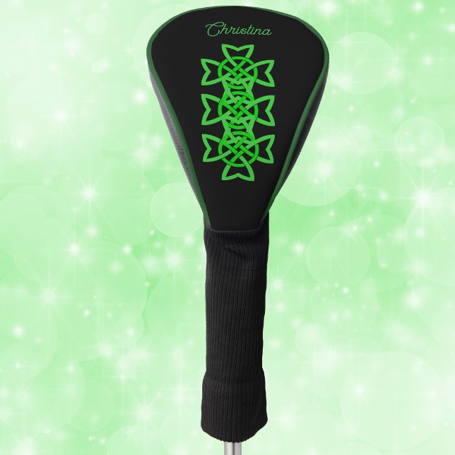 Funda Para Palo De Golf Intricate Green Celtic Irish Knot Design Black (Intricate bright green Irish Celtic looped deesign on black golf club cover.)