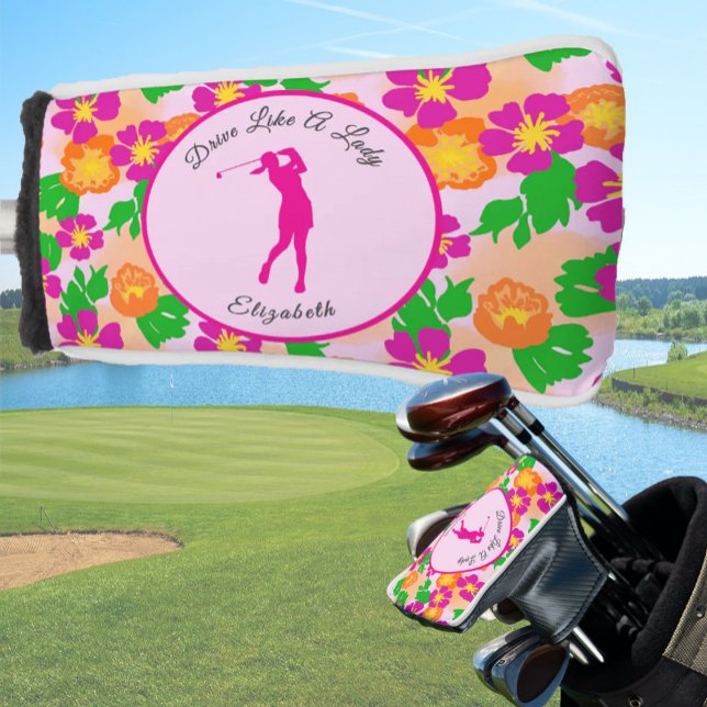 Funda Para Palo De Golf Lady Golfer Naranja Rosa Preppy Nombre personaliza (Subido por el creador)