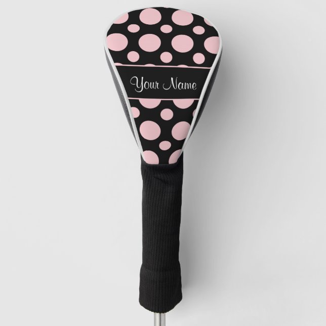 Funda Para Palo De Golf Lunares rosados en fondo negro (Anverso)