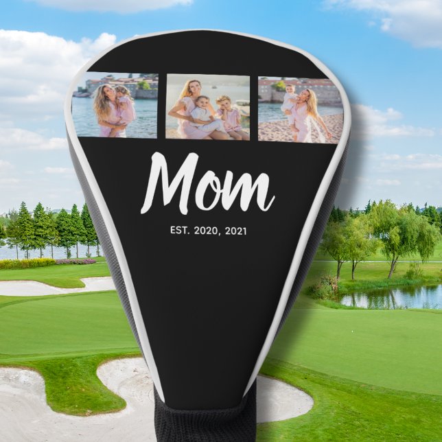 Funda Para Palo De Golf Mamá Estableció Escritura Moderna Negra 3 Fotos (Personalize with your favourite photos and the relevant year(s))