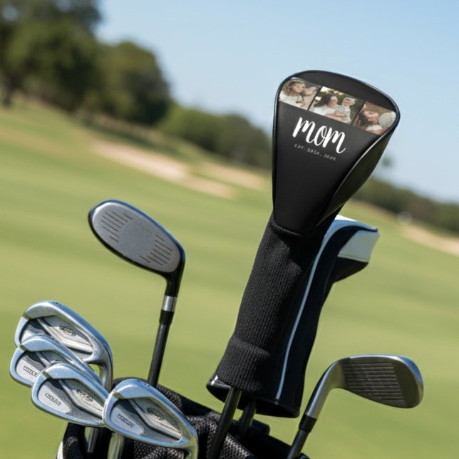 Funda Para Palo De Golf Mamá Estableció Moderno Script Negrita Negro 3 Fot (modern 3 photo black and white script mom established golf head cover gift for mom)