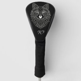 Funda Para Palo De Golf Mandala blanca y negra cabeza de lobo monograma in