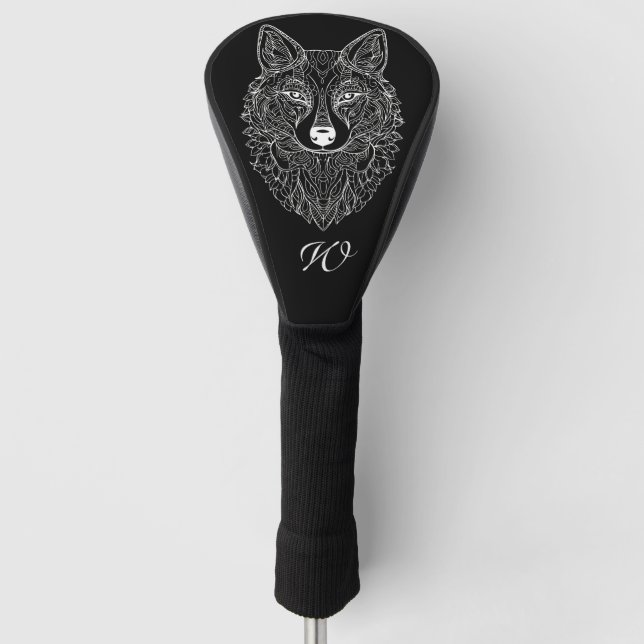 Funda Para Palo De Golf Mandala blanca y negra cabeza de lobo monograma in (Anverso)