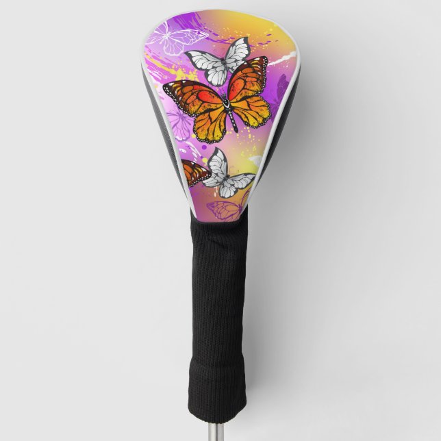 Funda Para Palo De Golf Mariposas monarcas en fondo morado (Anverso)